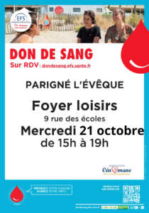 Don du sang au Foyer Loisirs le 21 octobre